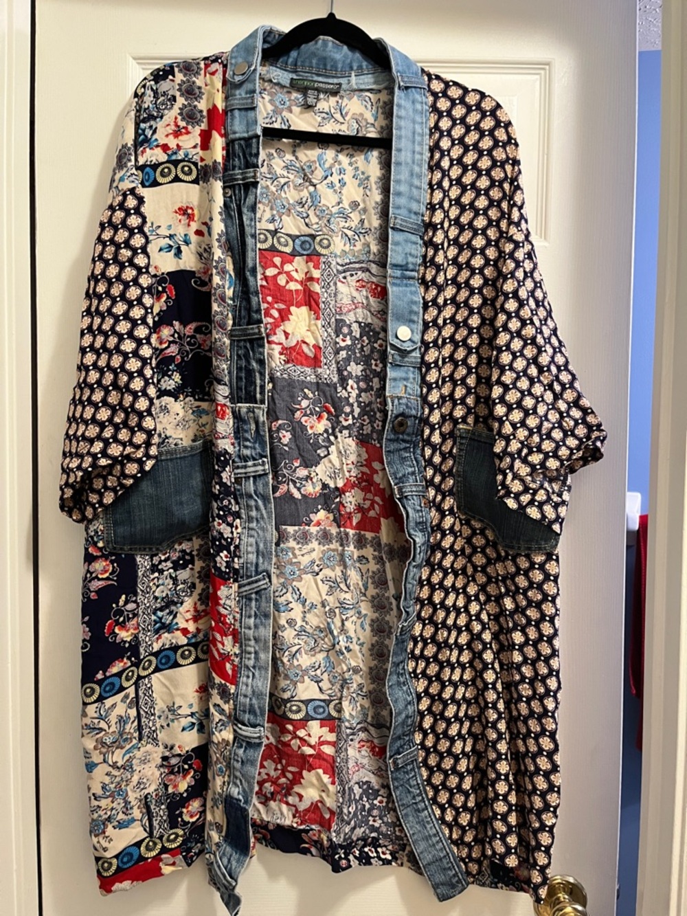 Shannon Passero Patchwork Boho Jean-Trimmed Kimono Navy & Red
